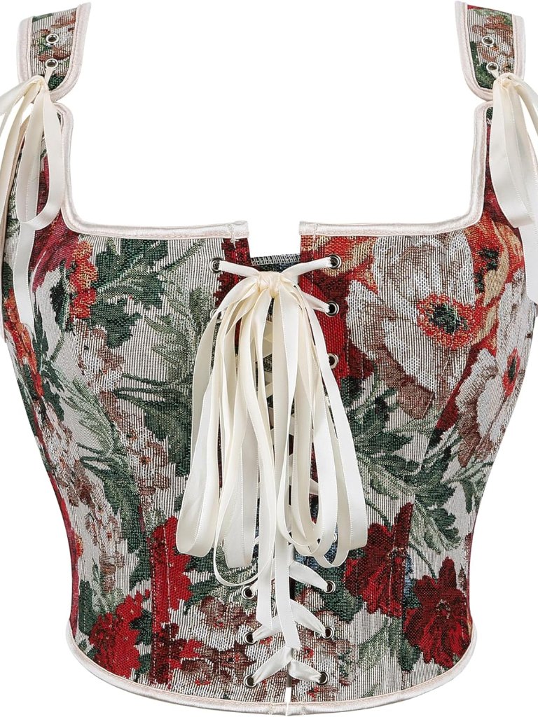 Women Renaissance Bustier-Corset-Tops Vintage Lace-Up Floral-Jacquard Bodice Pus